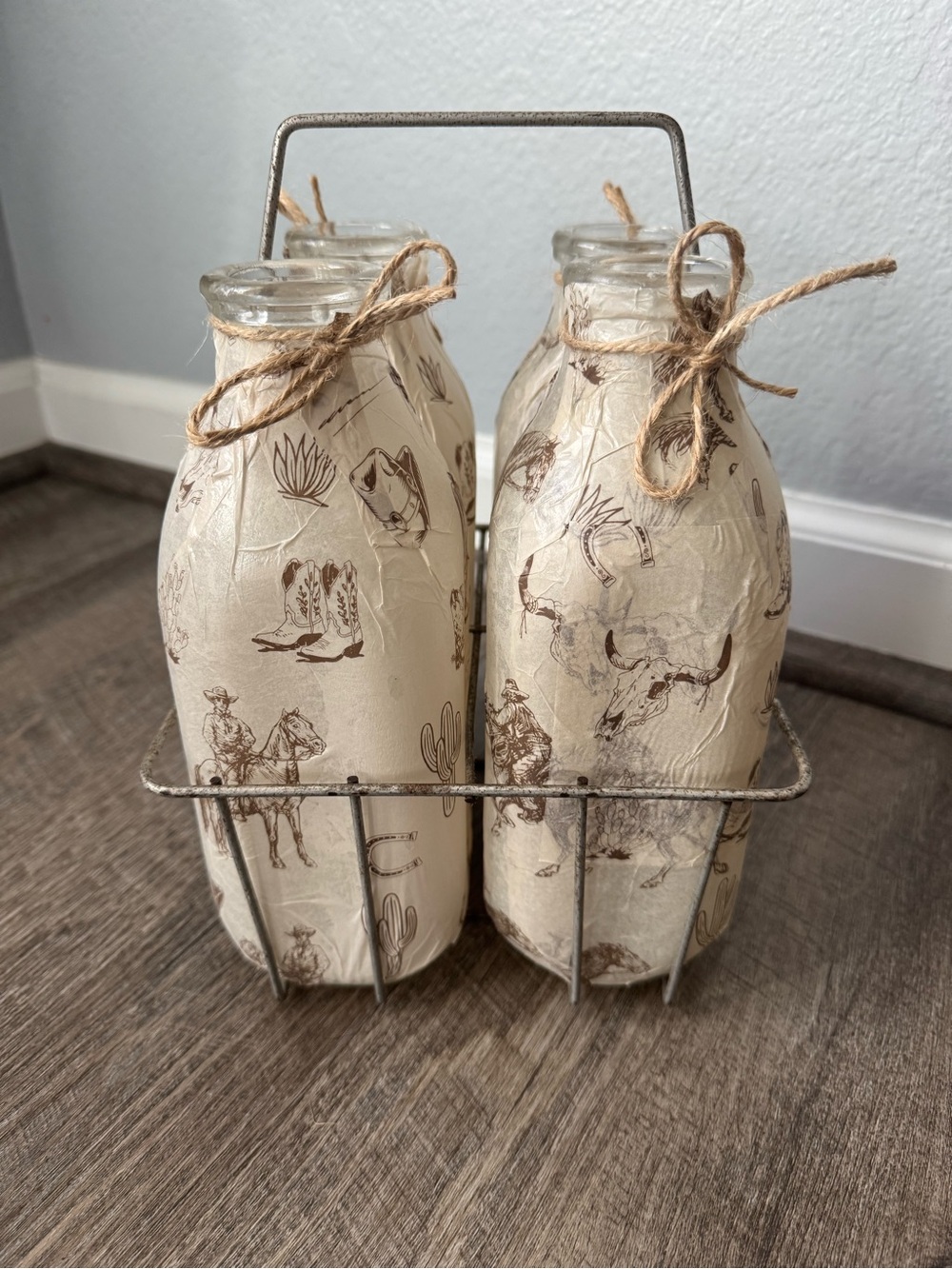 Cream Decorative Glass Bottle Set with Western Print and Rope Accents